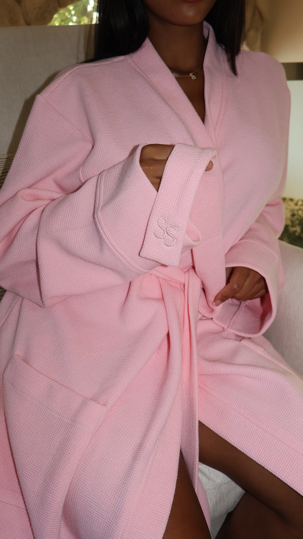 Pink Waffle Embroidered Robe
