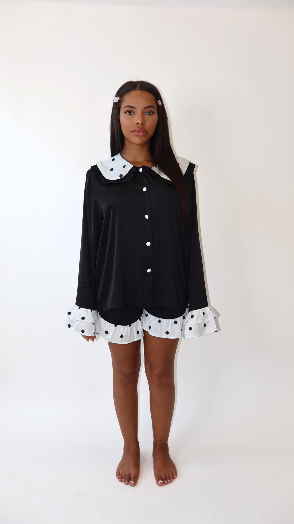 Black & White Polka Dot Ruffle Shorts Set
