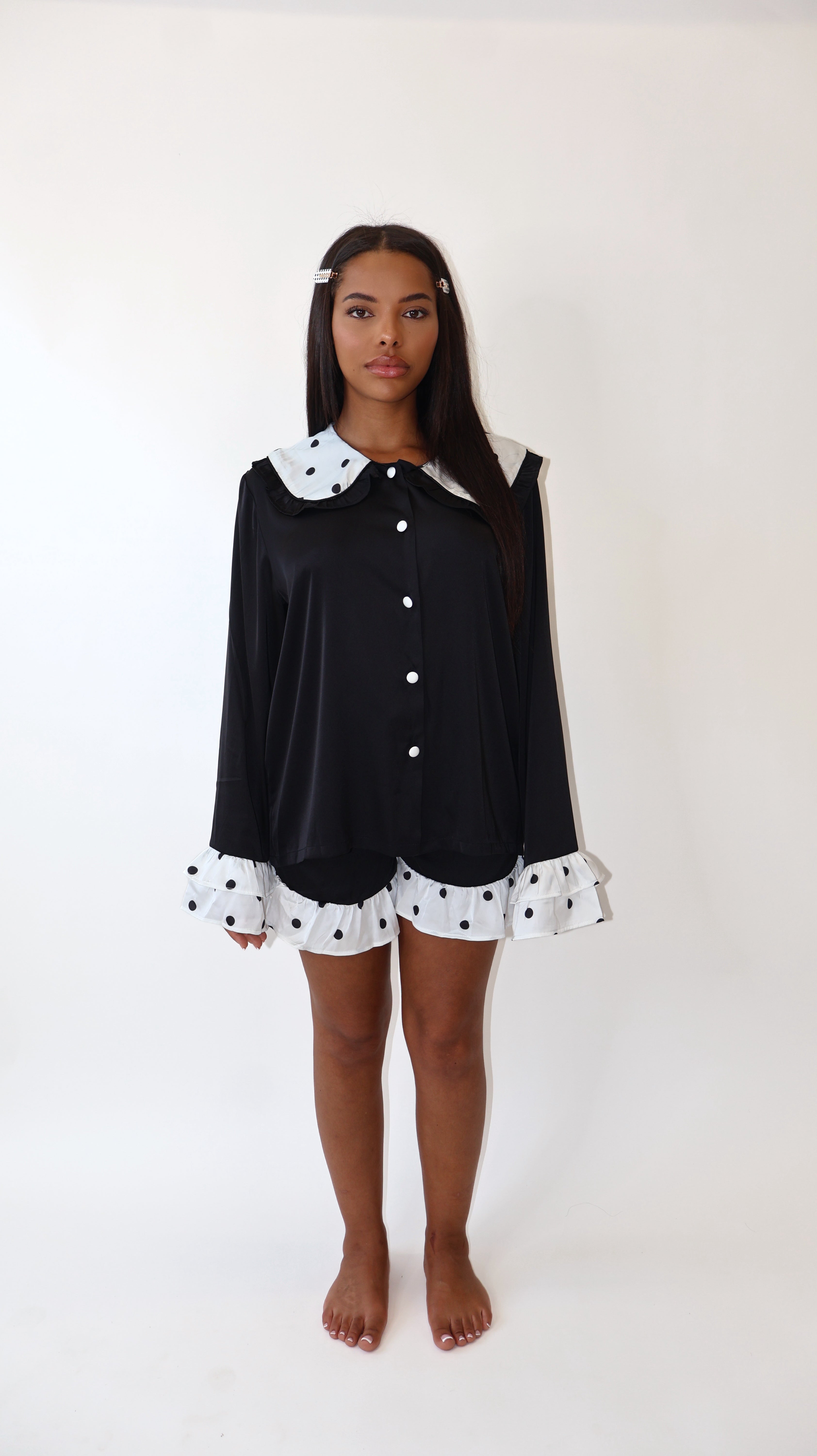 Black & White Polka Dot Ruffle Shorts Set